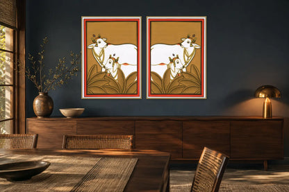 Kamdhenu Around Palm Tree Pichwai gallery wall set of two in a dining room