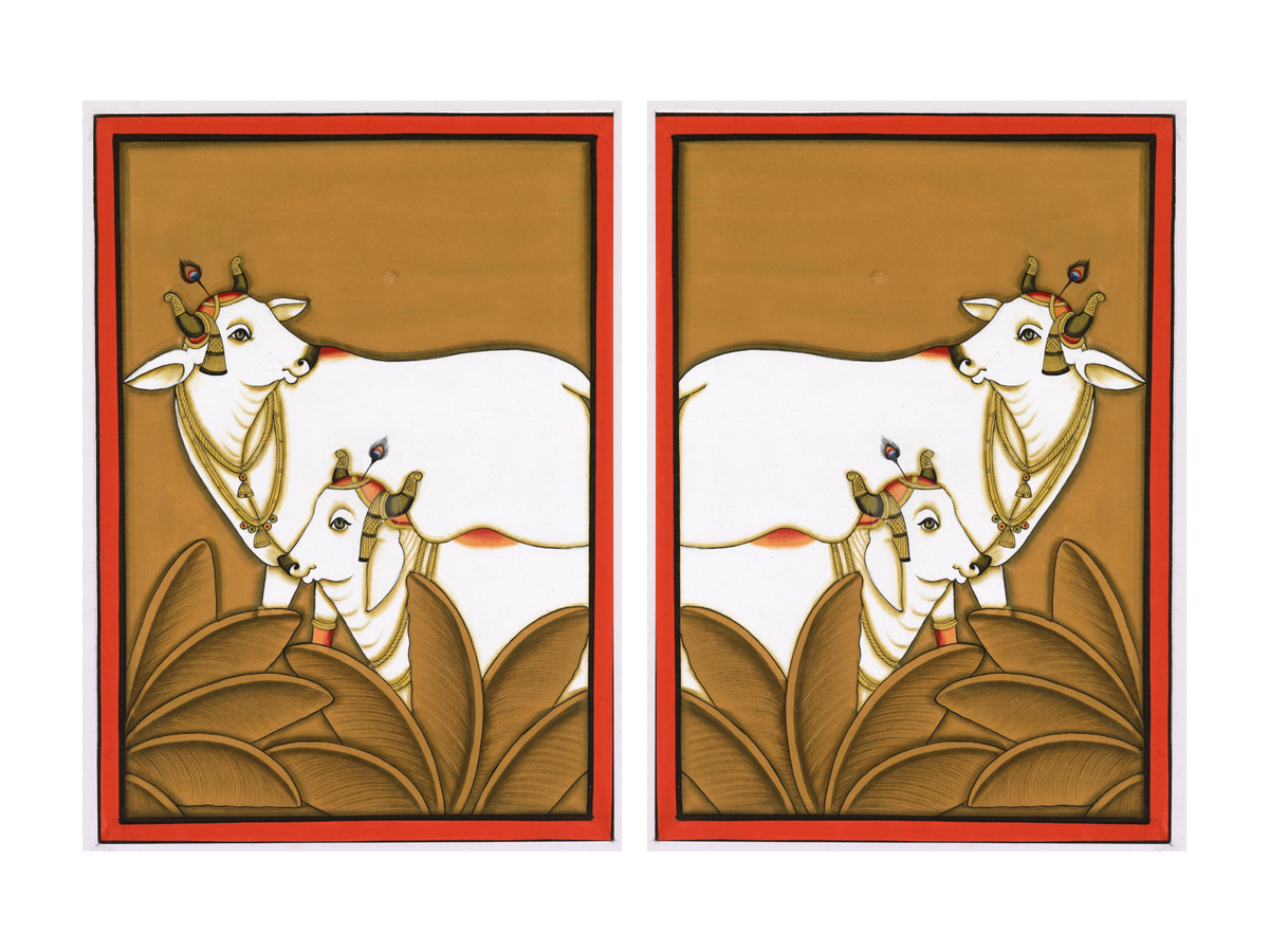 Kamdhenu Around Palm Tree Pichwai gallery wall set of two