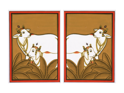 Kamdhenu Around Palm Tree Pichwai gallery wall set of two