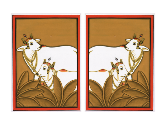 Kamdhenu Around Palm Tree Pichwai gallery wall set of two