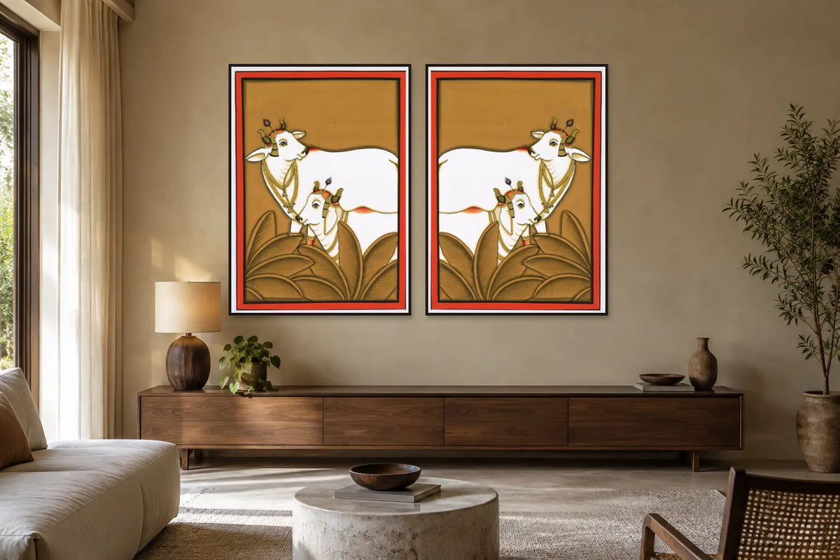 Kamdhenu Around Palm Tree Pichwai gallery wall set of two in a living room