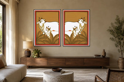 Kamdhenu Around Palm Tree Pichwai gallery wall set of two in a living room