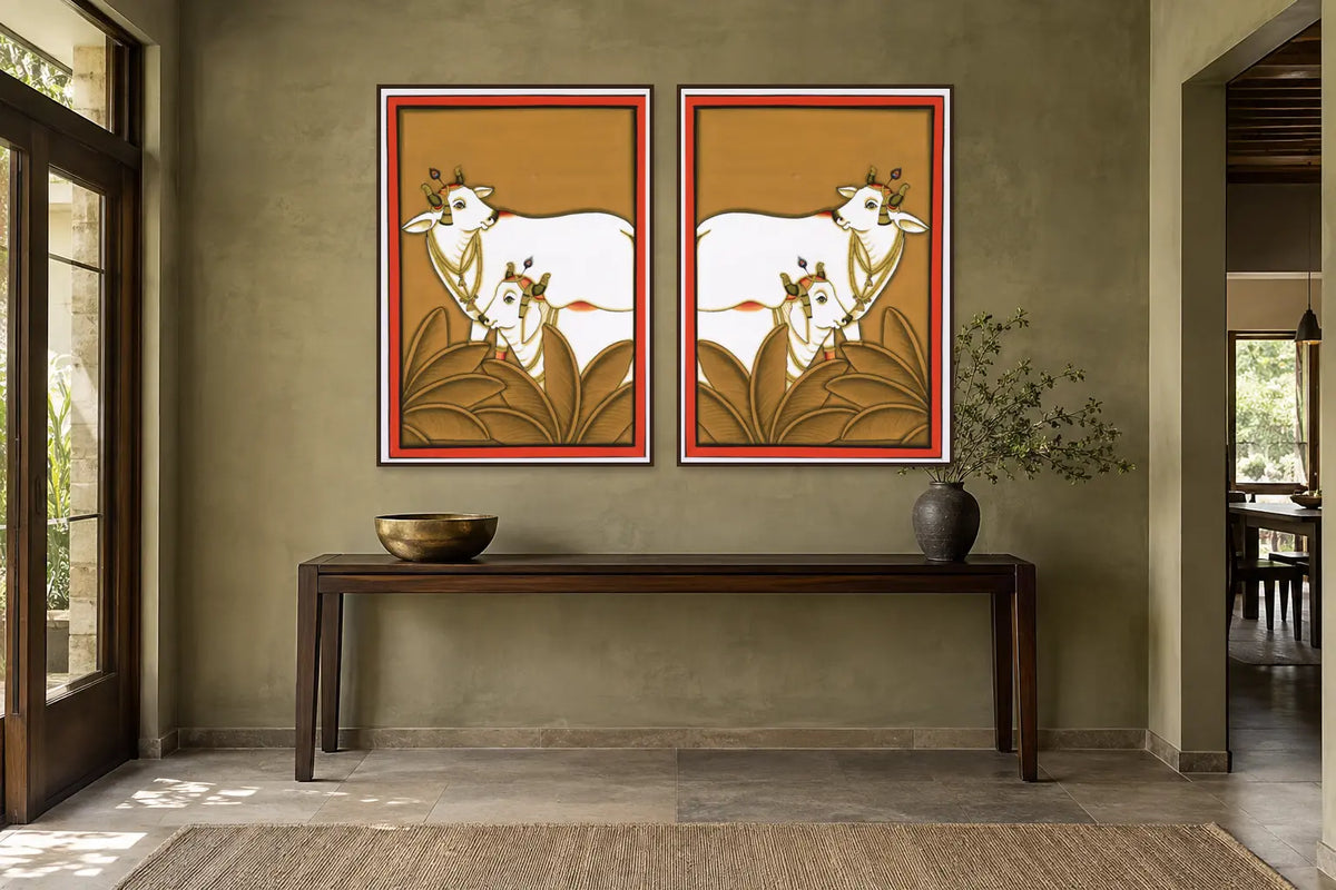 Kamdhenu Around Palm Tree Pichwai gallery wall set of two in a passage