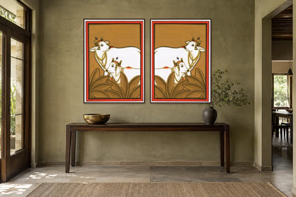 Kamdhenu Around Palm Tree Pichwai gallery wall set of two in a passage