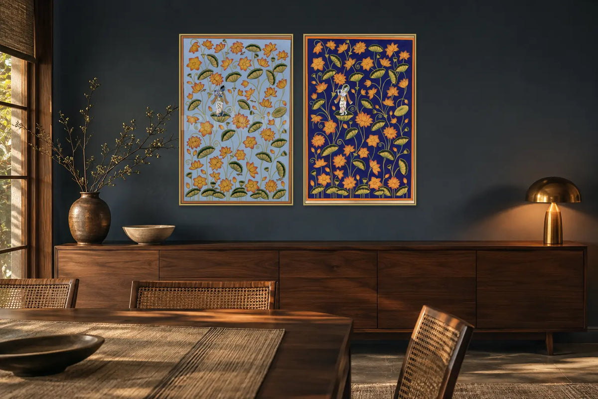 Krishna on Blooming Kamal Talai blue and indigo set of two in a dining room