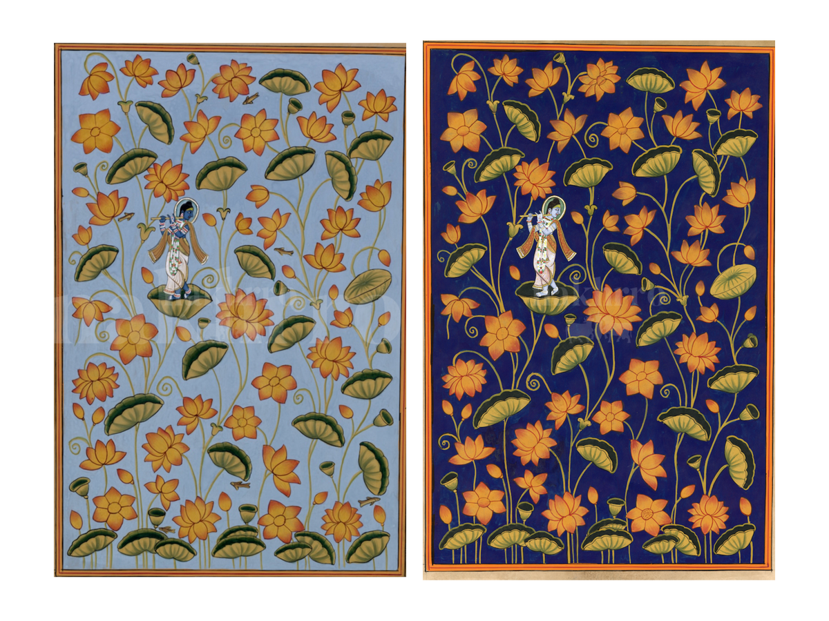 Krishna on Blooming Kamal Talai blue and indigo set of two