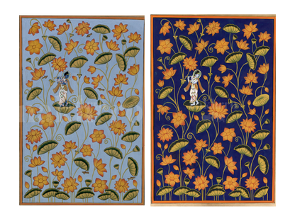 Krishna on Blooming Kamal Talai blue and indigo set of two