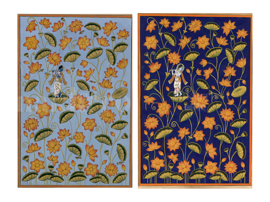 Krishna on Blooming Kamal Talai blue and indigo set of two
