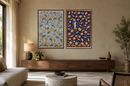 Krishna on Blooming Kamal Talai blue and indigo set of two in a living room