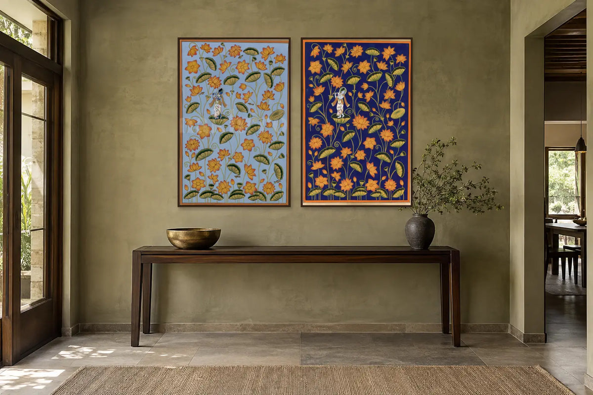 Krishna on Blooming Kamal Talai blue and indigo set of two in a passage