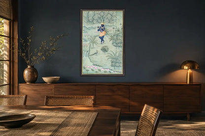 Krishna in a Lotus Garden Pichwai art print in a dining room