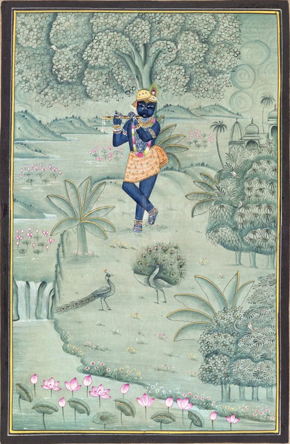 Krishna in a Lotus Garden Pichwai art print