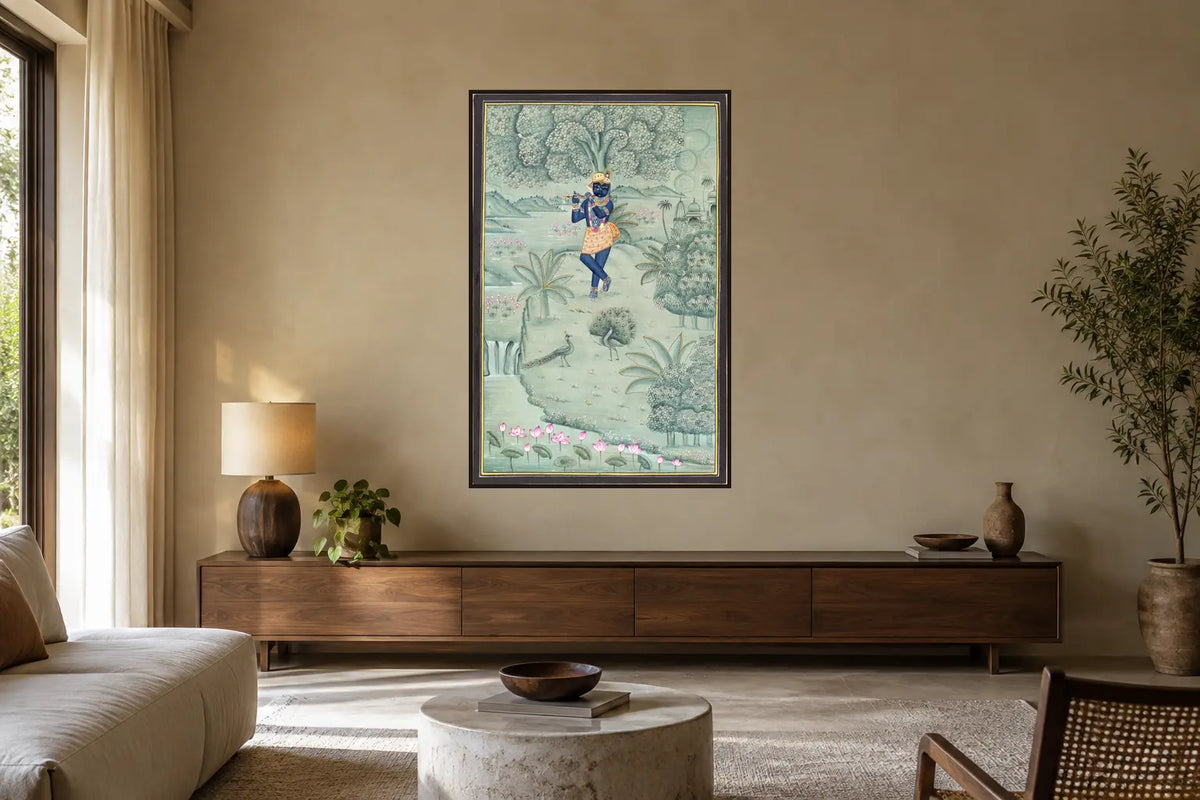 Krishna in a Lotus Garden Pichwai art print in a living room