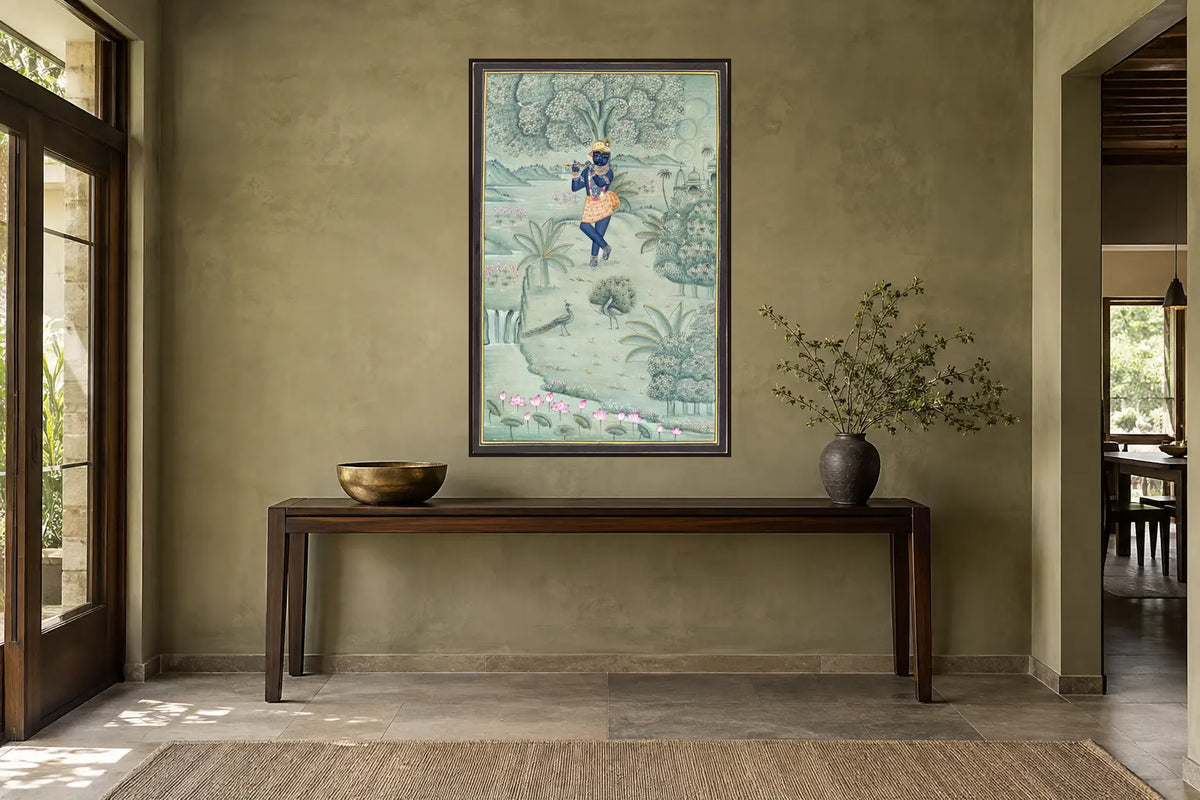 Krishna in a Lotus Garden Pichwai art print in a passage