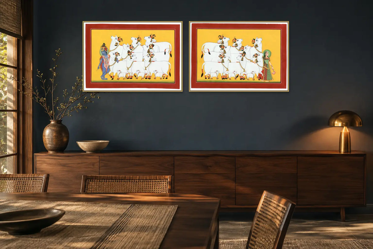 Krishna and Radha with Cows Pichwai set of two in a dining room