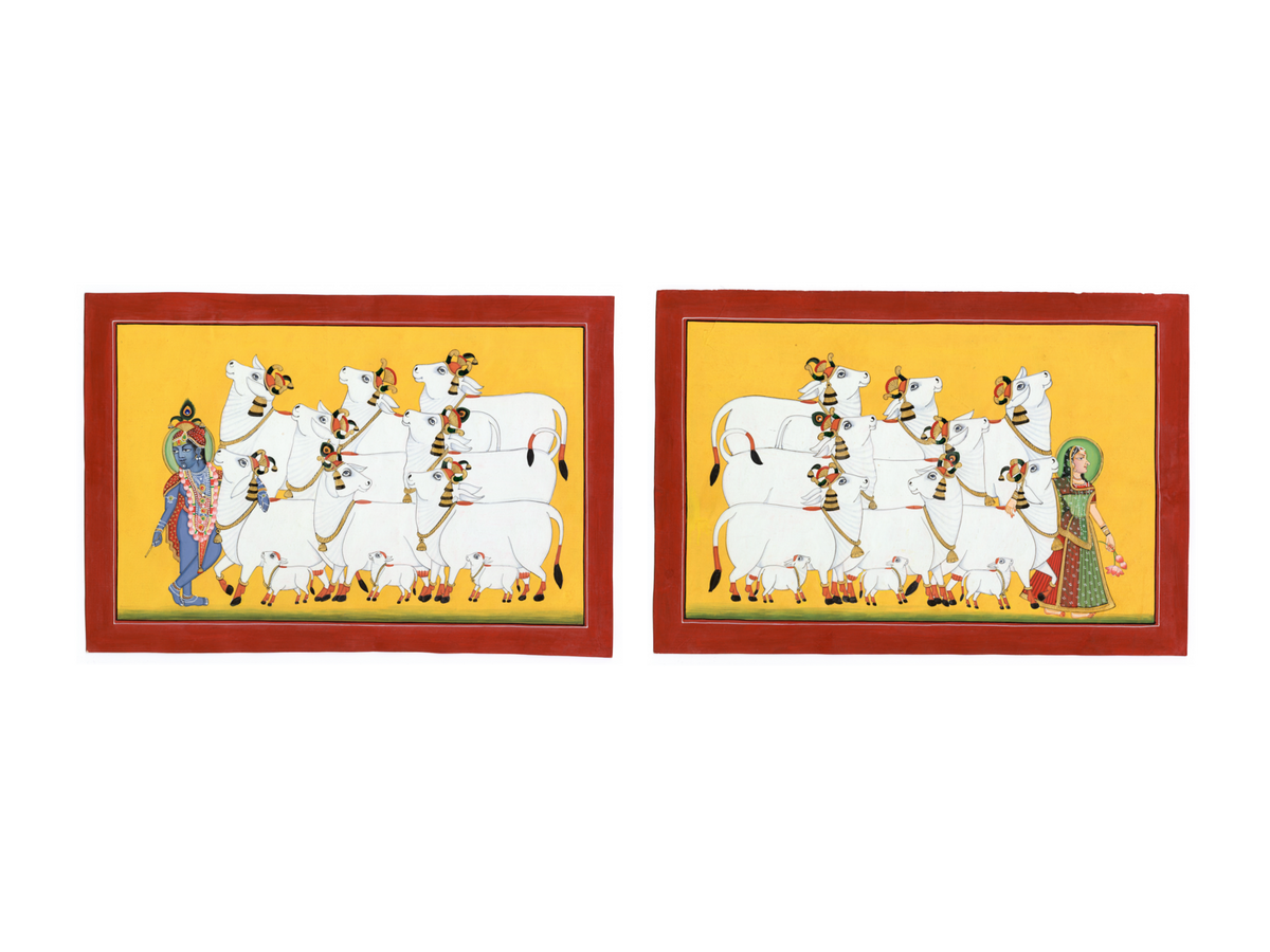 Krishna and Radha with Cows Pichwai set of two