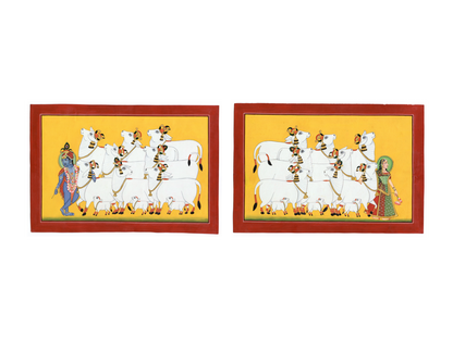 Krishna and Radha with Cows Pichwai set of two
