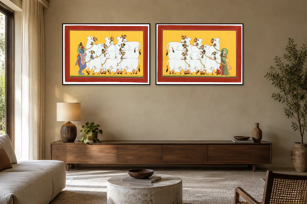 Krishna and Radha with Cows Pichwai set of two in a living room
