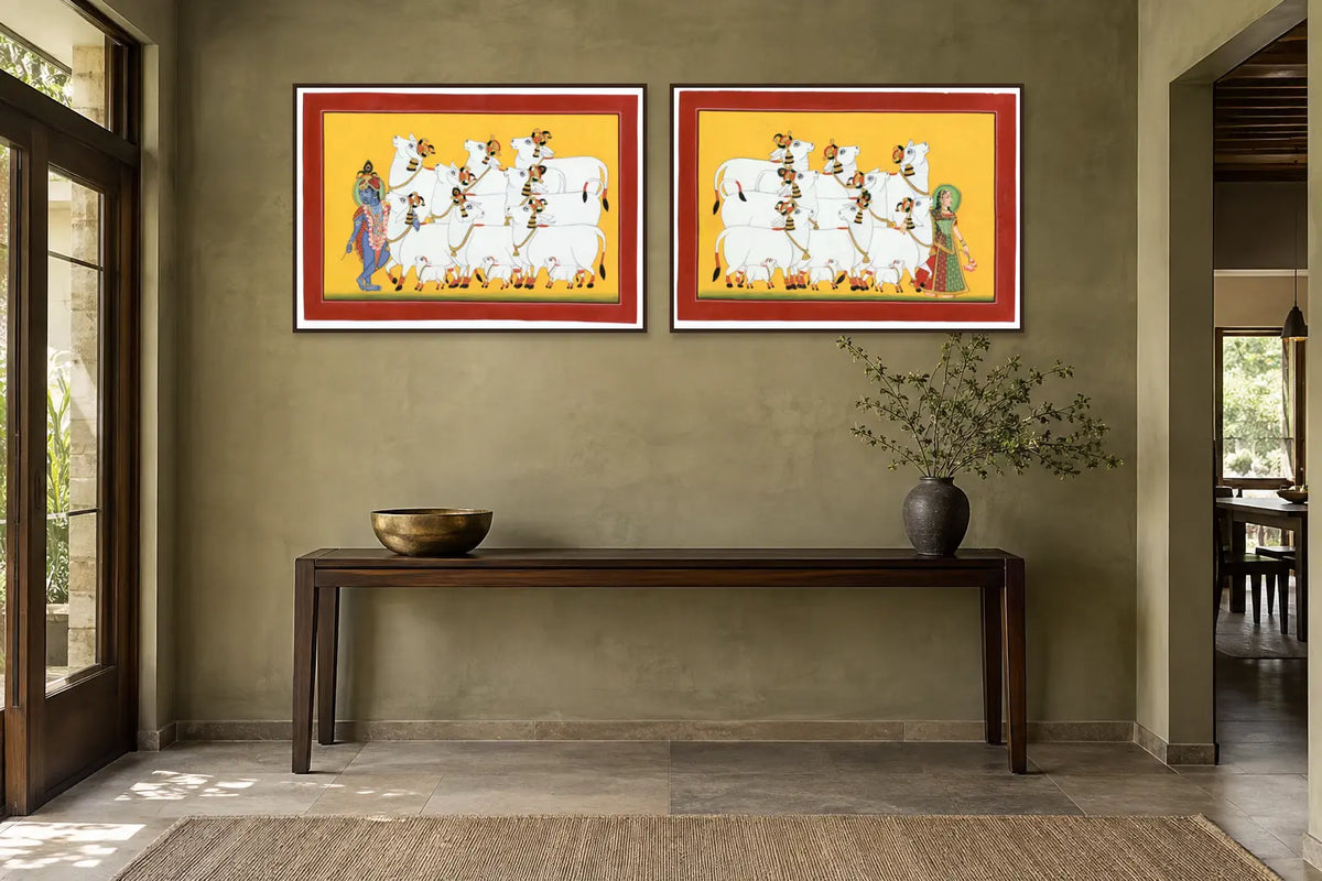 Krishna and Radha with Cows Pichwai set of two in a passage
