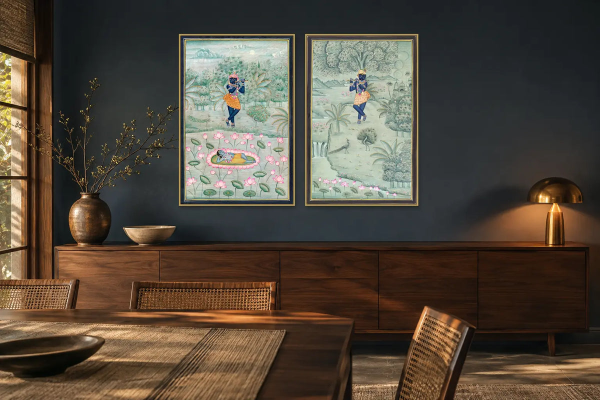 Krishna at Yamuna and Lotus Garden Pichwai set of two in a dining room