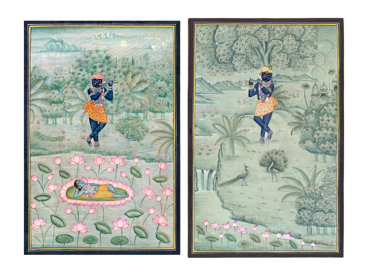 Krishna at Yamuna and Lotus Garden Pichwai set of two