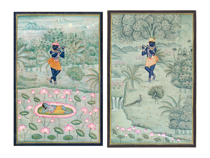 Krishna at Yamuna and Lotus Garden Pichwai set of two