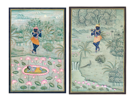 Krishna at Yamuna and Lotus Garden Pichwai set of two