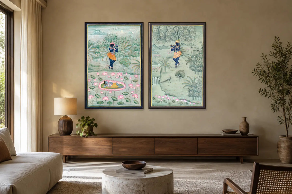 Krishna at Yamuna and Lotus Garden Pichwai set of two in a living room