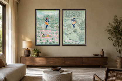Krishna at Yamuna and Lotus Garden Pichwai set of two in a living room