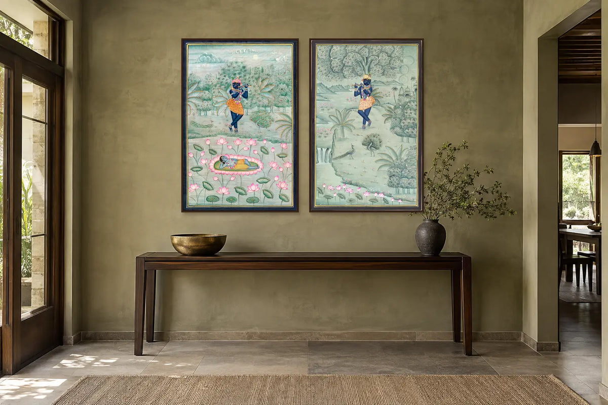 Krishna at Yamuna and Lotus Garden Pichwai set of two in a passage