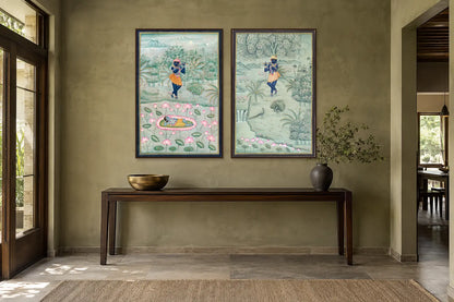 Krishna at Yamuna and Lotus Garden Pichwai set of two in a passage