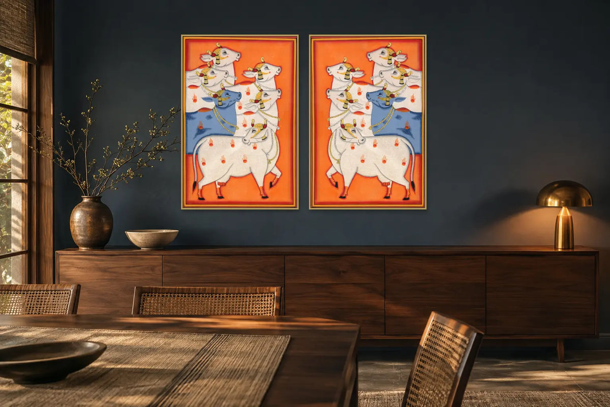 Orange Cows Pichwai gallery wall set of two in a dining room