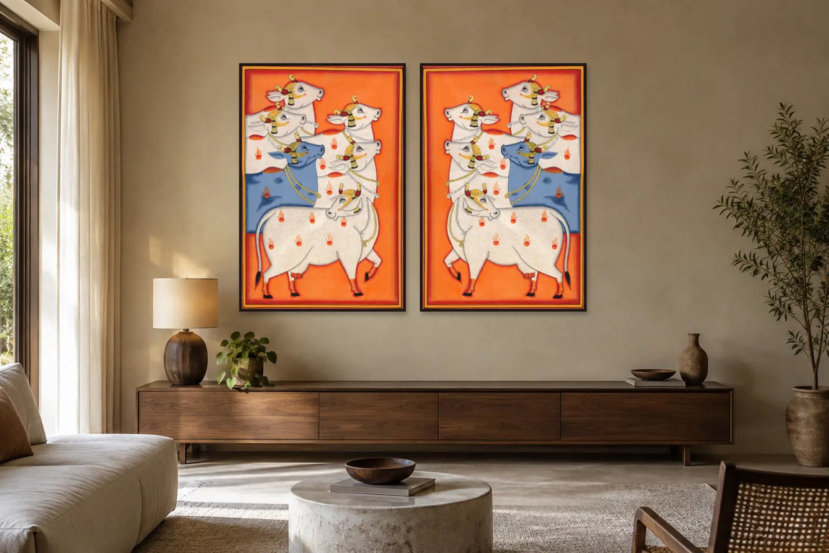 Orange Cows Pichwai gallery wall set of two in a living room
