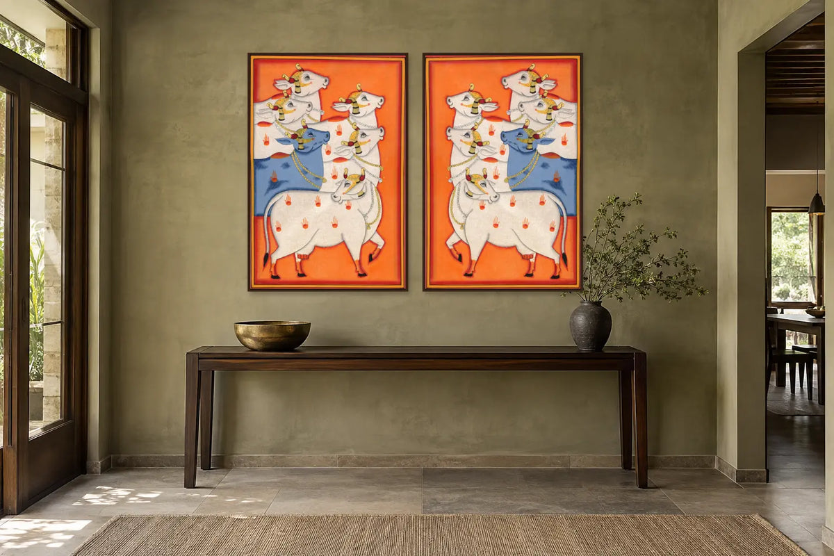 Orange Cows Pichwai gallery wall set of two in a passage