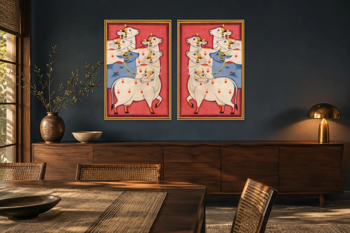 Red Cows Pichwai gallery wall set of two in a dining room