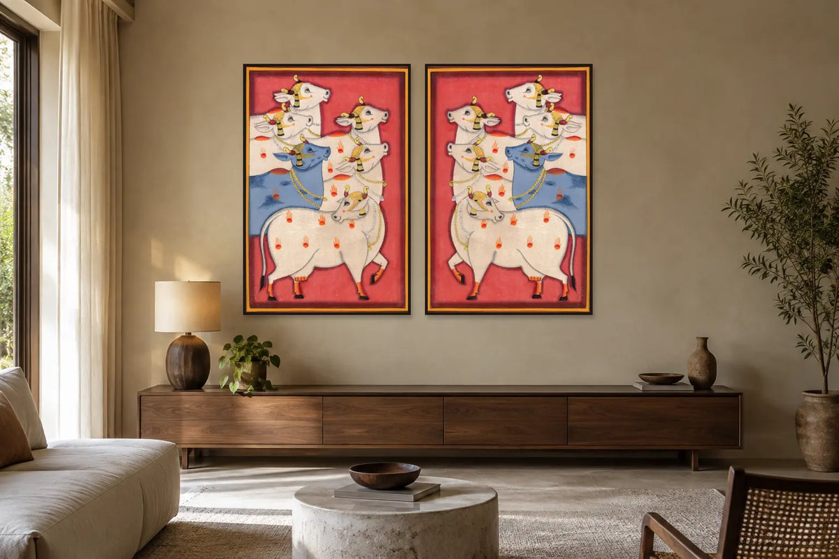 Red Cows Pichwai gallery wall set of two in a living room