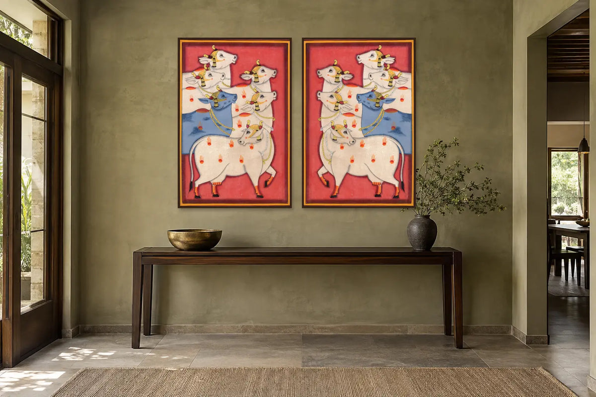Red Cows Pichwai gallery wall set of two in a passage