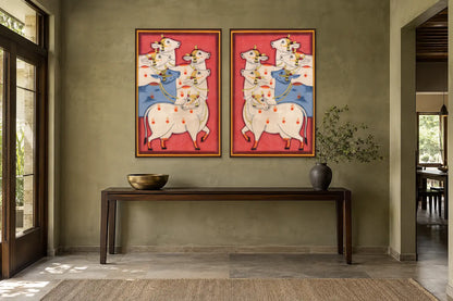 Red Cows Pichwai gallery wall set of two in a passage