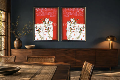 Red Kamdhenu Pichwai gallery wall set of two in a dining room