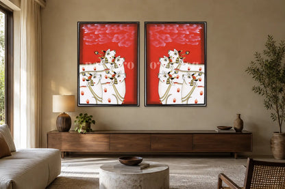 Red Kamdhenu Pichwai gallery wall set of two in a living room