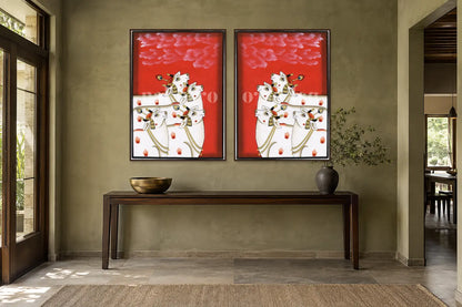 Red Kamdhenu Pichwai gallery wall set of two in a passage