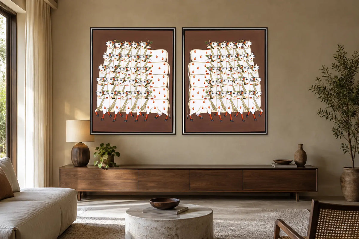 Sacred Cow Procession Pichwai gallery wall set of two in a living room