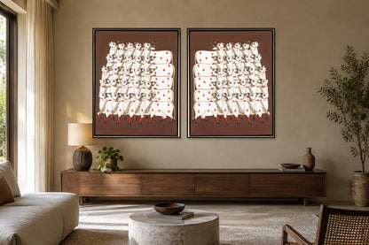 Sacred Cow Procession Pichwai gallery wall set of two in a living room