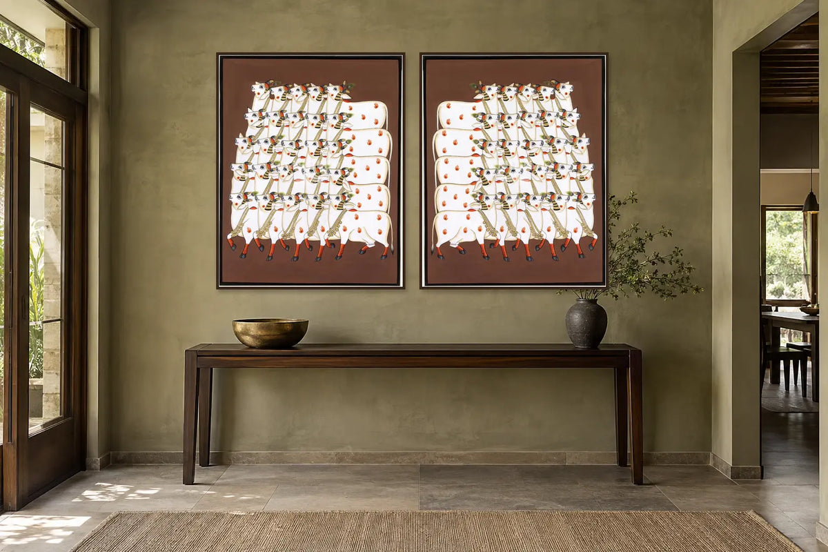 Sacred Cow Procession Pichwai gallery wall set of two in a passage