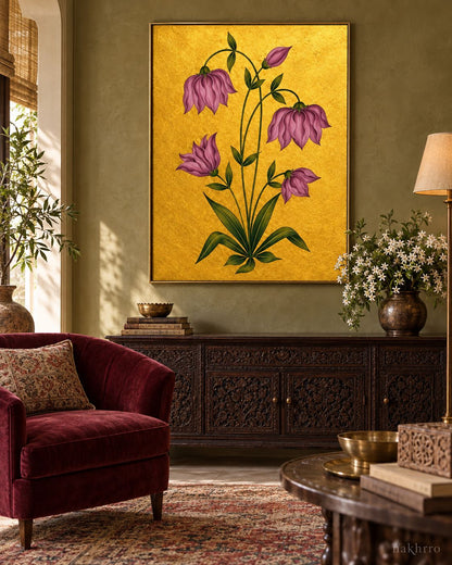 Purple Bell Flowers on Gold | Mughal Botanical Art Print in a styled room