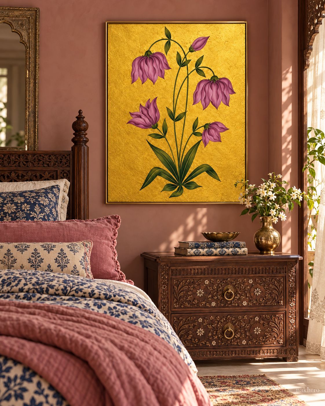 Purple Bell Flowers on Gold | Mughal Botanical Art Print in a styled room