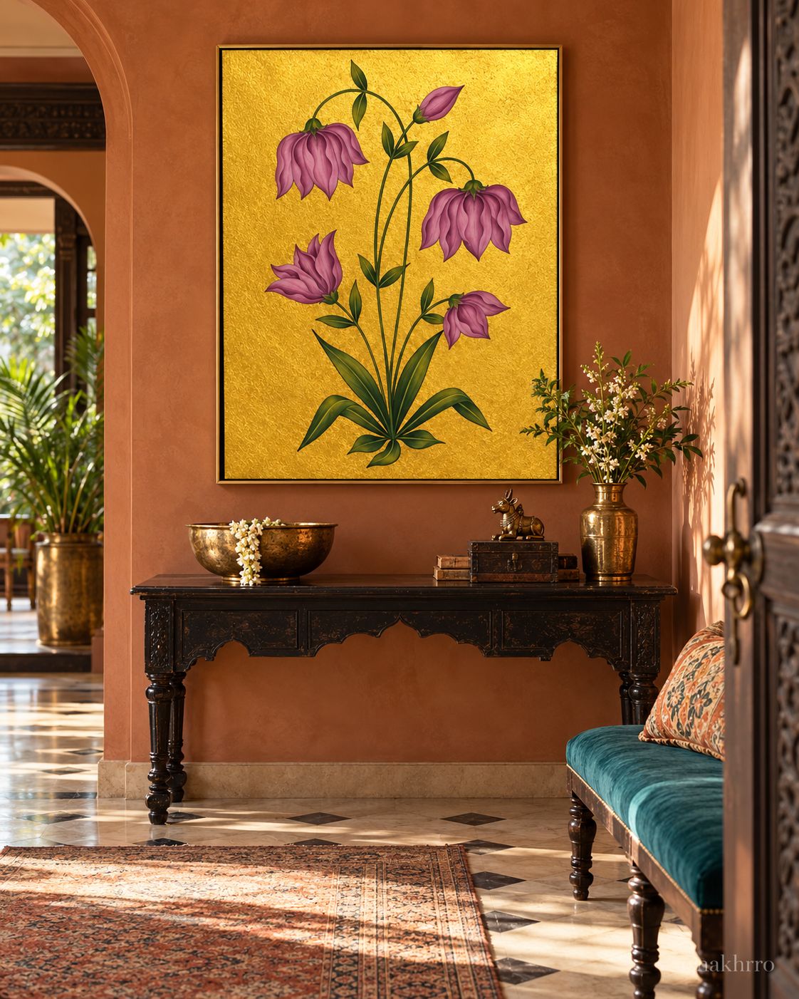 Purple Bell Flowers on Gold | Mughal Botanical Art Print in a styled room