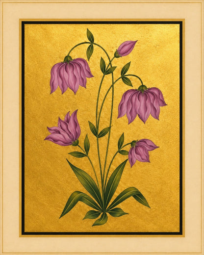 Drooping purple bell-shaped blossoms and a single bud curve above long green leaves. Gold-ground botanical art.