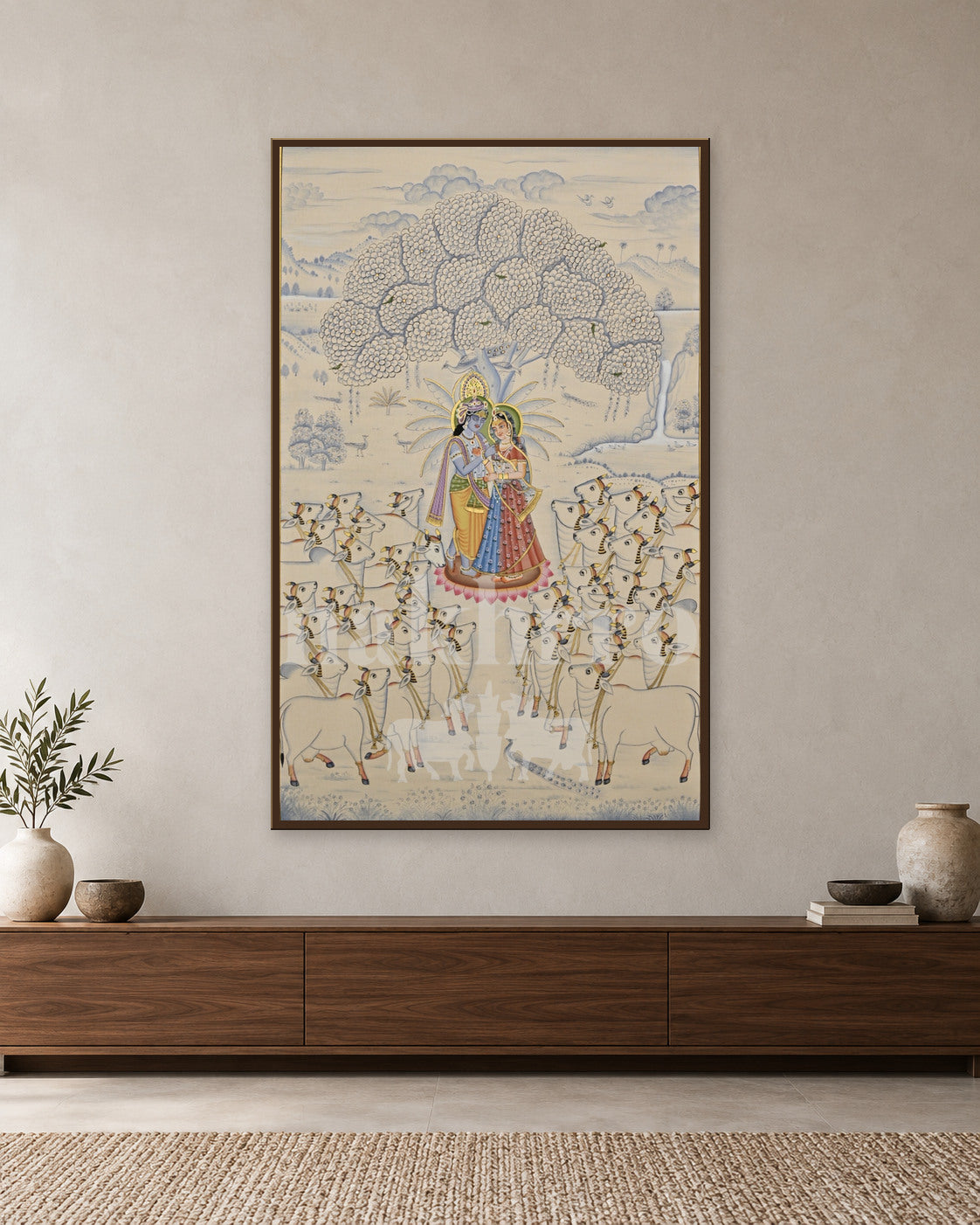 Radha and Krishna beneath a Tree with Cows — slim-frame room mockup 1 with Nakhrro watermark