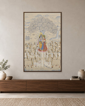 Radha and Krishna beneath a Tree with Cows — slim-frame room mockup 1 with Nakhrro watermark